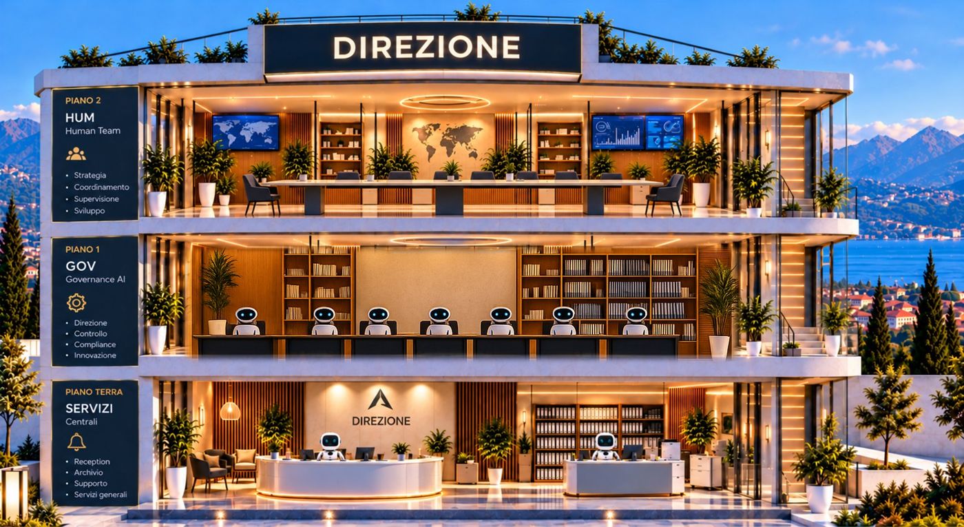Interno della palazzina Direzione: la sala riunioni delle persone al piano alto, gli agenti di governo al primo piano, reception e archivio al piano terra