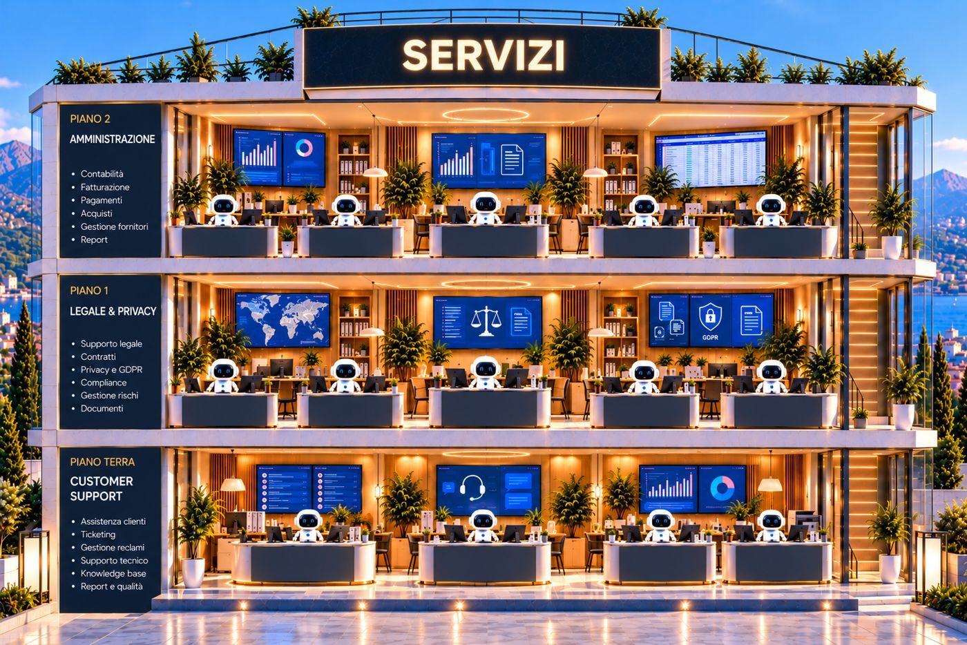 Interno della palazzina Servizi: amministrazione, legale e privacy, customer support, con un agente per ogni scrivania